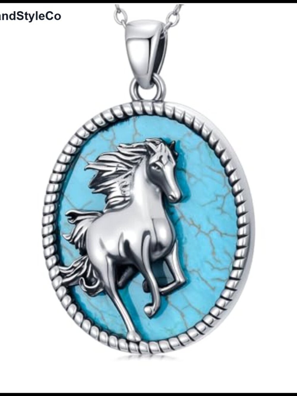Natural Turquoise Horse Pendant Necklace 925 Sterling Silver - Running Stallion